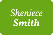 Sheniece Smith&#39;s name in white on a grass green background.