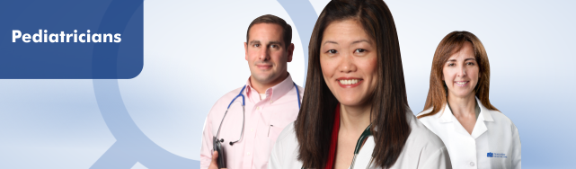 Three doctors are shown on a blue background similar to what appears on NorthBay&#39;s physician search page. &#39;Pediatricians&#39; appears in the top left.